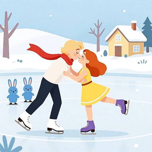 Romantic Ice Skating Cartoon Scene