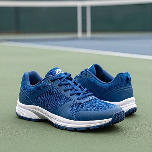 Photograph of two dark blue athletic sneakers with white soles and laces, positioned on a green outdoor tennis court.
