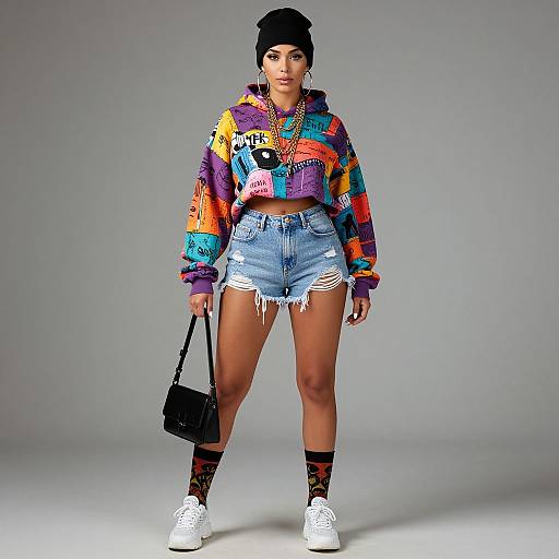 Photograph of a curvy woman with dark skin, wearing a colorful, patterned hoodie, denim shorts, black beanie, socks, and white