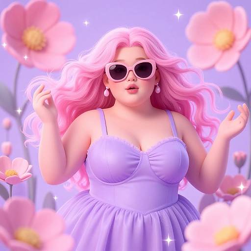 Digital artwork of a curvy, pink-haired woman in a lavender dress, white sunglasses, and pink earrings, surrounded by glowing pink flowers.