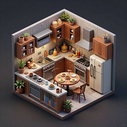 Isometric digital illustration of a small, cozy kitchen with wooden cabinets, white appliances, round table, two chairs, potted plants, and breakfast dishes