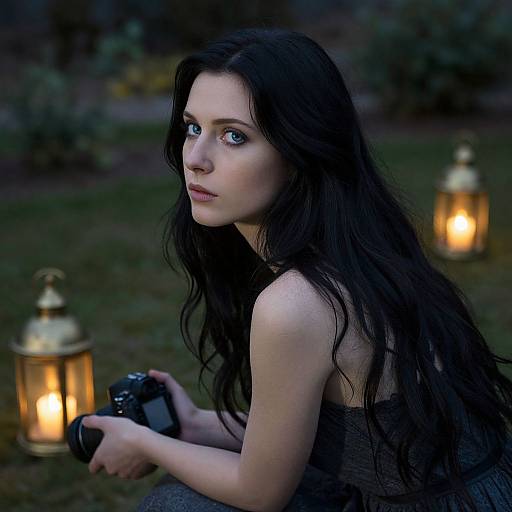 Photograph of a young woman with long, dark wavy hair, holding a camera, surrounded by glowing lanterns in a dimly lit, nighttime