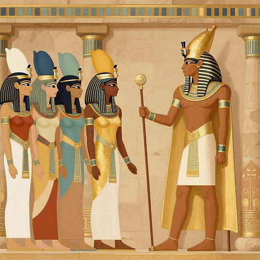 Golden-Armored Pharaoh Presents Staff to Priestess