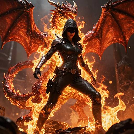 Digital artwork of a fierce, black-clad woman with demon wings, standing in intense flames, wielding a gun, hooded, and shadowed.