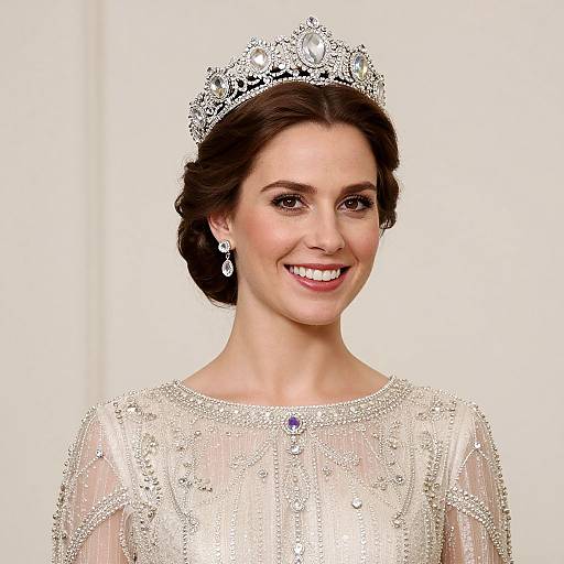 Photograph of a smiling woman with brown hair, wearing a sparkling silver tiara, elegant sheer dress adorned with gems, and diamond earrings, against a