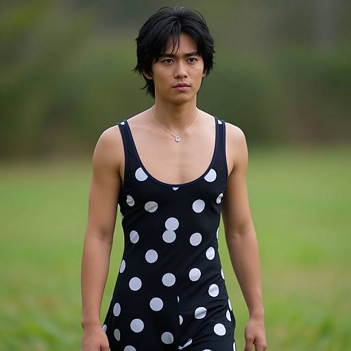 Photograph of an Asian man with short black hair, wearing a black polka dot tank top, standing in a green grassy field. He has