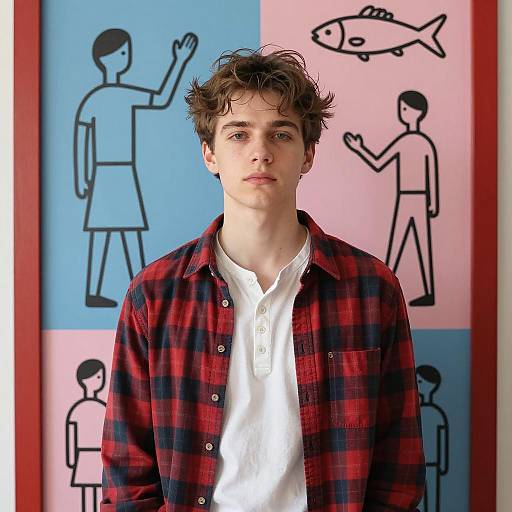Young Man Against Abstract Mural Background