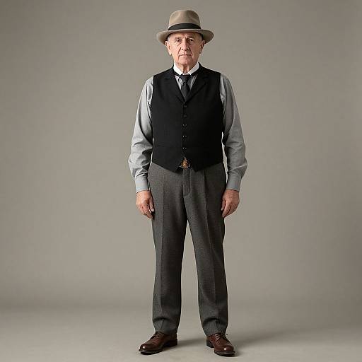 Photograph of an older white man in a gray hat, black vest, light blue shirt, gray pants, brown shoes, standing against a plain gray