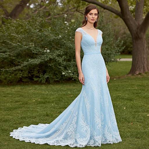 Photograph of a slender woman with fair skin and brown hair, wearing a light blue lace wedding dress, standing on a grassy lawn with trees in