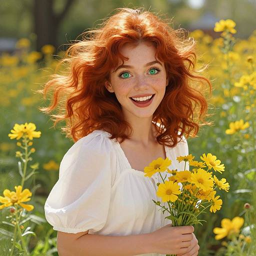 Photograph of a smiling, freckled redhead woman with curly hair, holding yellow daisies, wearing a white blouse, in a sunny,
