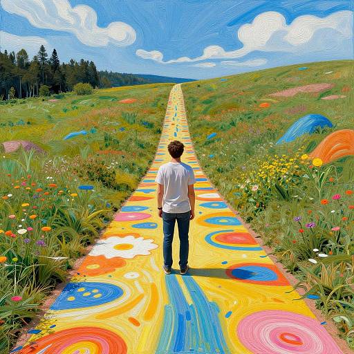 Digital painting: Man in white shirt and black pants stands on colorful, swirling path through vibrant, flower-filled meadow with forest in background. Bright blue