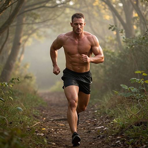 Photograph of a muscular, shirtless man in black shorts running on a misty forest path, with sunlight filtering through trees.