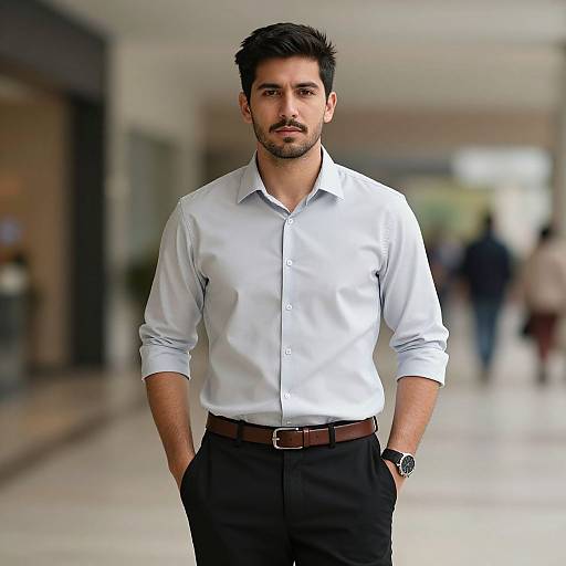 Photograph of a handsome, dark-haired man with a trimmed beard, wearing a white button-up shirt and black pants, standing confidently with hands in pockets