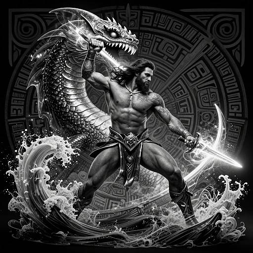 Black-and-white digital art: Muscular, tattooed warrior with long hair battles a dragon, wielding glowing swords, amidst turbulent waves. Ancient geometric pattern