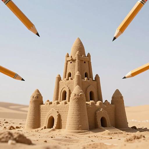 Photograph of detailed sandcastle with multiple turrets and a central dome, surrounded by four yellow pencils with black tips, set against a clear blue sky