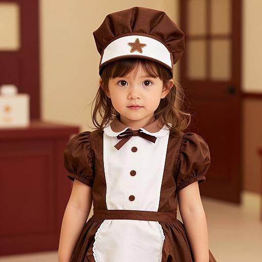 Photograph of a young Asian girl with fair skin, wearing a brown and white maid outfit with puffed sleeves, and a matching hat with a star