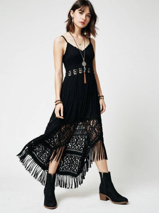 Woman in Black Bohemian Crochet Maxi Dress