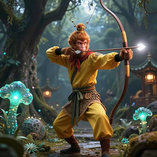 Digital fantasy artwork of an anthropomorphic monkey archer in yellow attire, aiming a bow in a mystical forest with glowing mushrooms and lanterns.