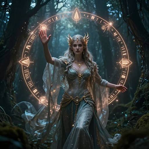 Powerful Sorceress Casting Spells in Enchanted Forest