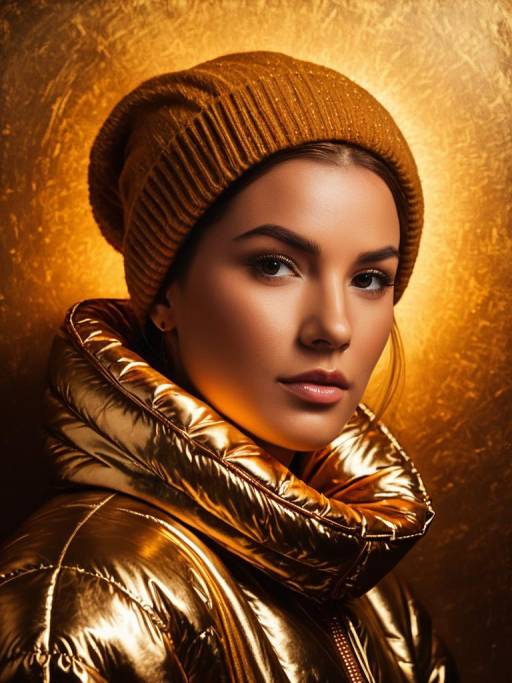 Woman in Metallic Gold Winter Jacket and Beanie