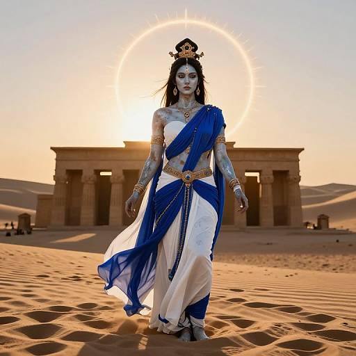 Photograph of a tattooed woman with dark hair, blue and white sari, gold jewelry, and crown, standing in desert at sunset in front