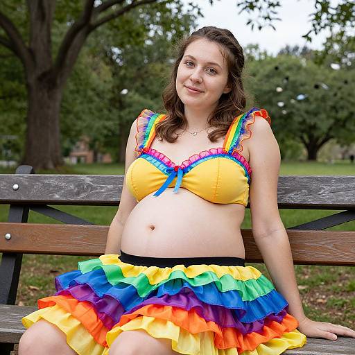 Photograph of a pregnant woman with fair skin and brown hair, wearing a yellow bikini top with rainbow trim and a rainbow ruffle skirt, sitting on