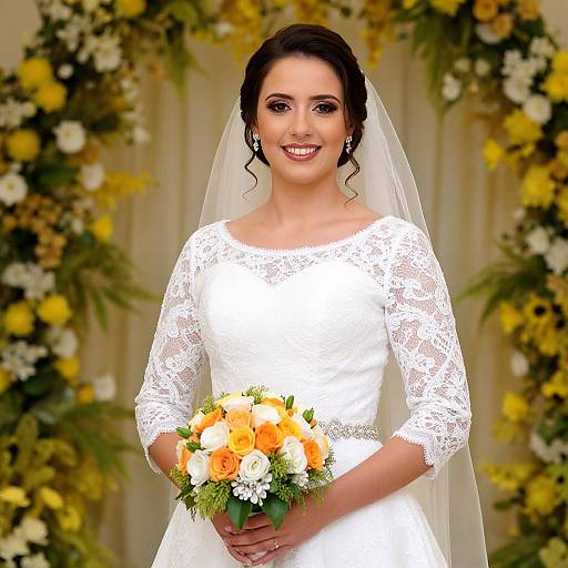 Smiling Bride in White Lace Dress