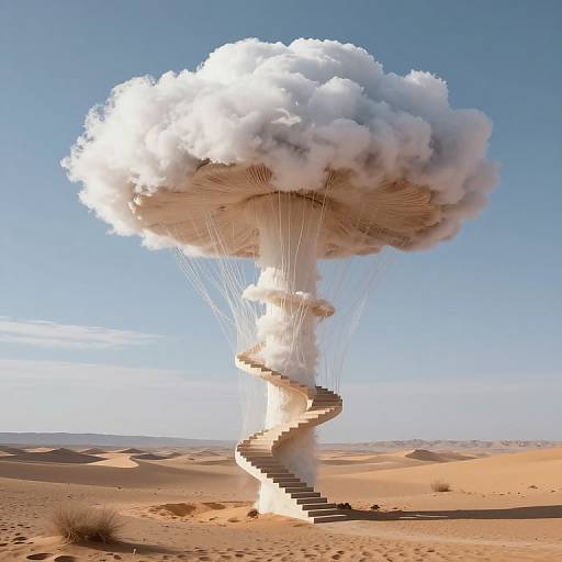 Digital artwork of a massive, white, cloud-like structure hovering over a desert, supported by numerous cables, with a spiraling staircase descending into the sandy