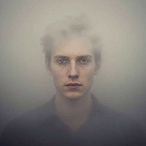 Photograph of a pale, serious young man with curly hair, blue eyes, and a black shirt, surrounded by a foggy, ethereal background