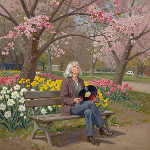 Photorealistic painting of an elderly woman with white hair, wearing a brown jacket and blue jeans, playing a black vinyl record on a bench amidst blo