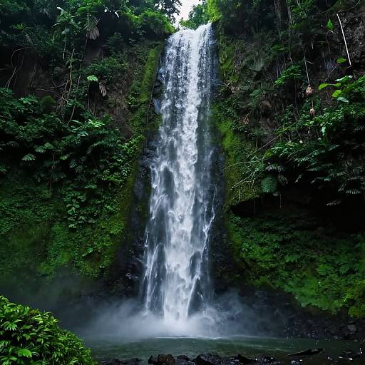 Photograph of a tall, narrow waterfall cascading into a misty pool surrounded by lush, green tropical foliage and dark, rocky cliffs.
