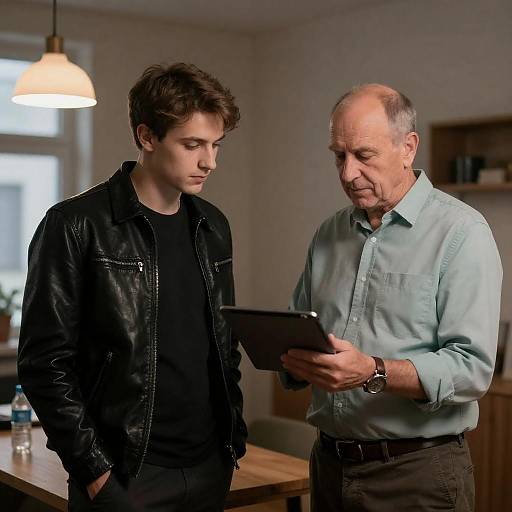 Dimly Lit Tablet Conversation Between Men