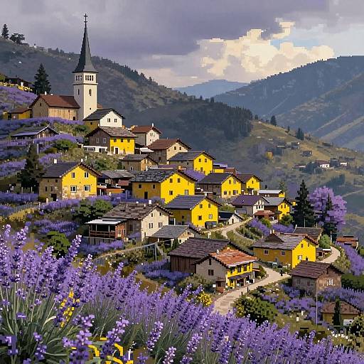 Digital painting of a vibrant Alpine village with yellow houses, a tall church steeple, surrounded by purple lavender fields and rolling green hills under a cloudy