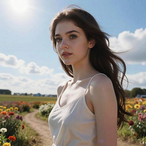 Photograph of a young, fair-skinned woman with long brown hair, wearing a white tank top, standing in a sunlit flower field with a