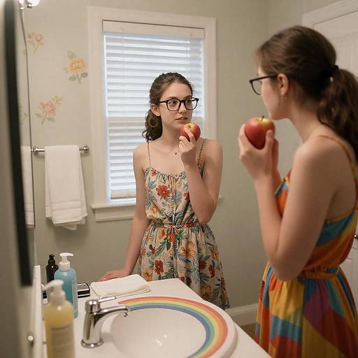 Young Woman Holding Apple in Bathroom Mirror
