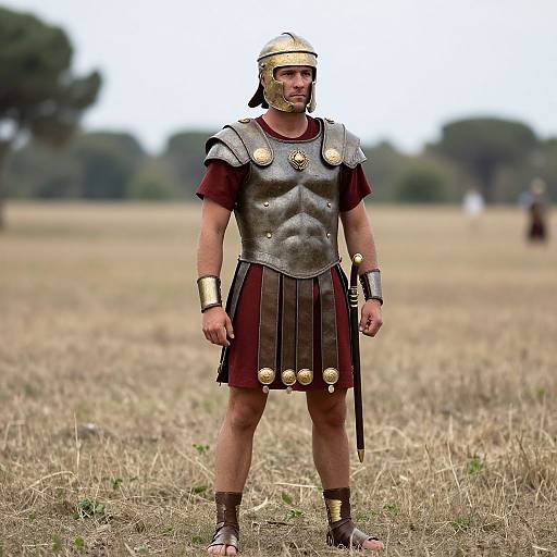 Photograph of a muscular man in ancient Roman armor, including helmet, metal chestplate, red tunic, black skirt, and gold accents, standing