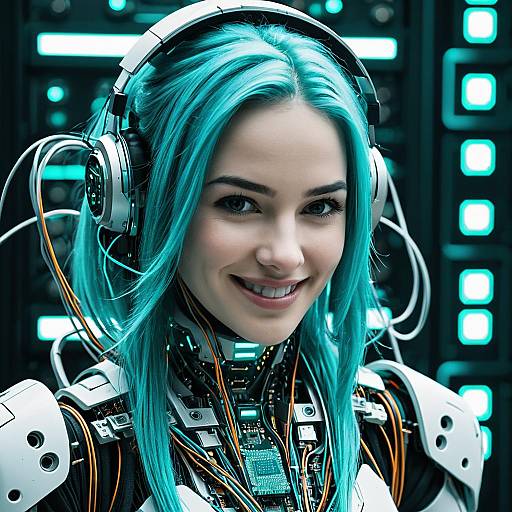 Smiling Female Robot with Turquoise Hair