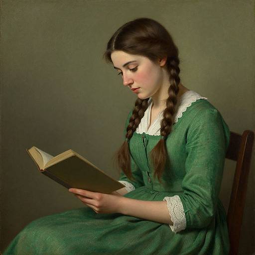 Photograph of a young woman with braided brown hair, wearing a green dress with white lace trim, reading a book against a dark, plain background