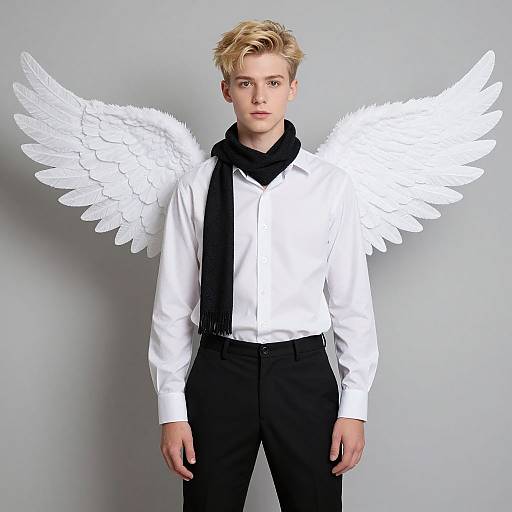 Photograph of a young blonde boy with white angel wings, wearing a white shirt, black scarf, and black pants, standing against a plain gray background