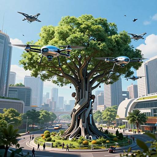 Cyberpunk Tree with Mechanical Drones