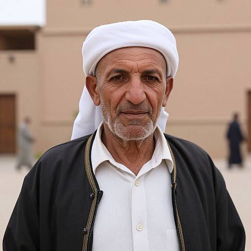 Photograph of an elderly Middle Eastern man with a white headscarf, black robe, and white shirt, standing in a sunlit courtyard. Bl