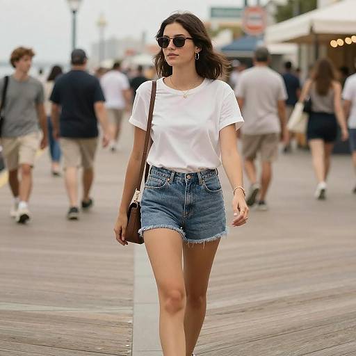 Confident Woman Strolling on Boardwalk