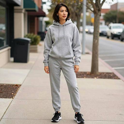 Woman in Grey Hoodie and Joggers Standing Outdoors