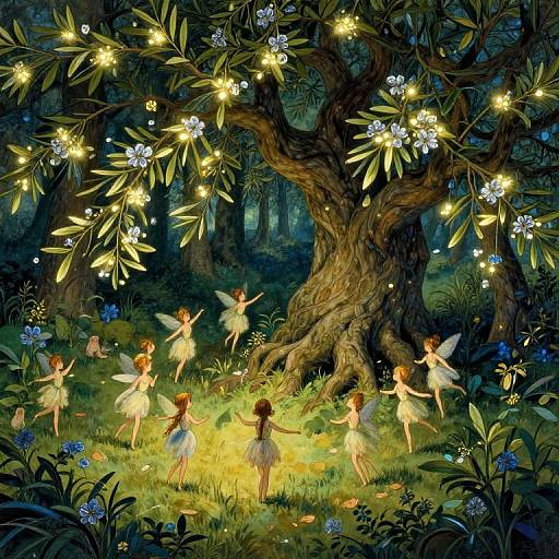 Digital fantasy art of fairy-like girls with wings, in glowing yellow light beneath a luminous tree with white flowers in a moonlit forest.