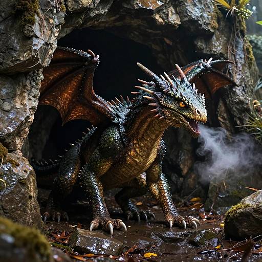 Realistic Wyvern Emerging from Cave