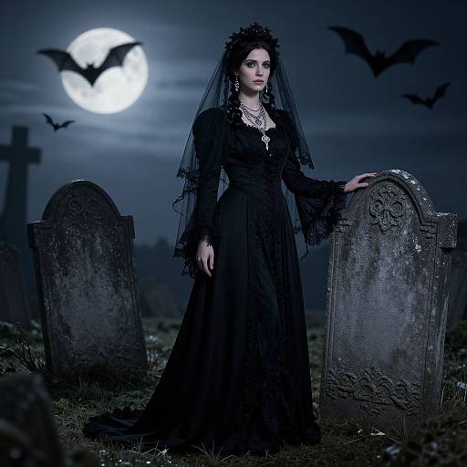 Gothic woman in black dress and veil, standing by gravestones under full moon, surrounded by bats, eerie graveyard scene. Photograph.