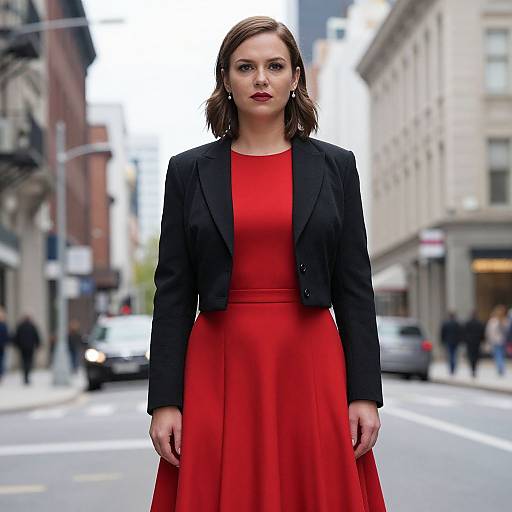 Photograph of a confident woman with fair skin, brown hair, red dress, and black blazer standing on a city street. Urban background with blurred