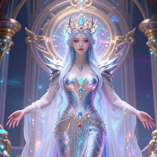 Digital art of a regal, fair-skinned woman with long, flowing blue hair, wearing a glittering, metallic gown and ornate crown,