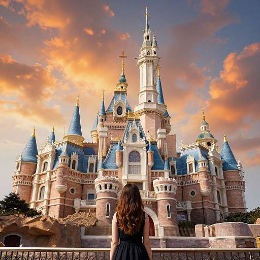 Photograph of a woman with long brown hair in a black dress, standing in front of a colorful, fairy-tale castle with blue spires and