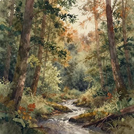 Tranquil Forest Sunrise Watercolor Scene